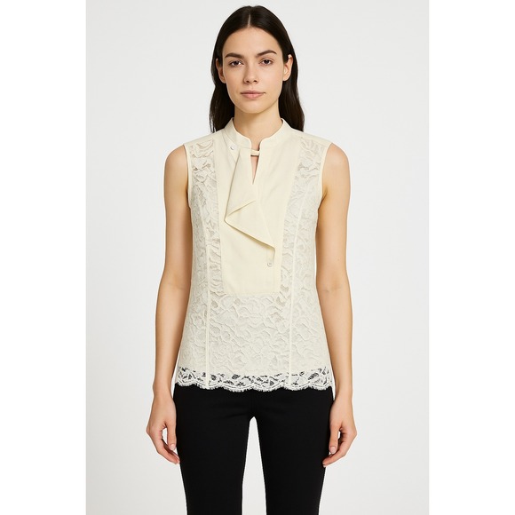 BCBGMAXAZRIA Cream Lace Sleeveless Top Ruffle Mock Neck Blouse XS Extra Small - Picture 1 of 7